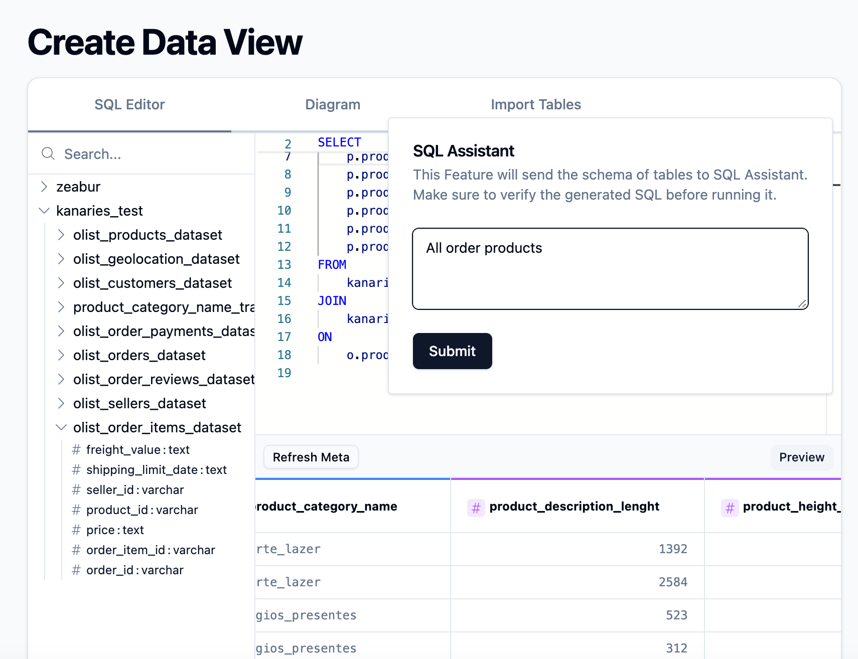 Create dataview use SQL assistant